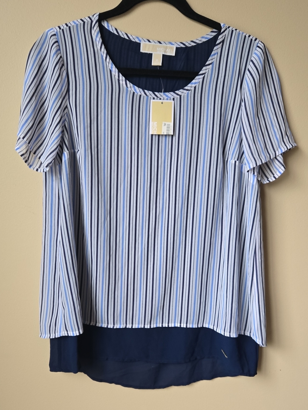 Michael Kors Light Blue and Navy Striped Short-Sleeve Layered Top